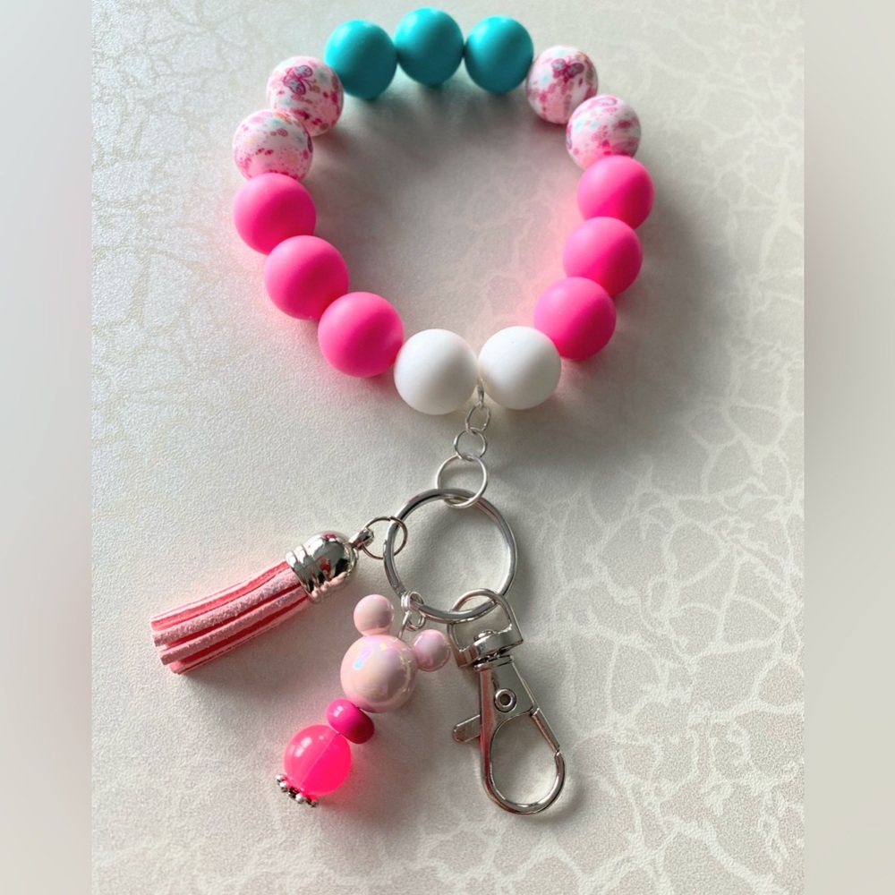 Pink and Aqua Girls Keychain or Cell Phone Wristlet with Mickey Charm